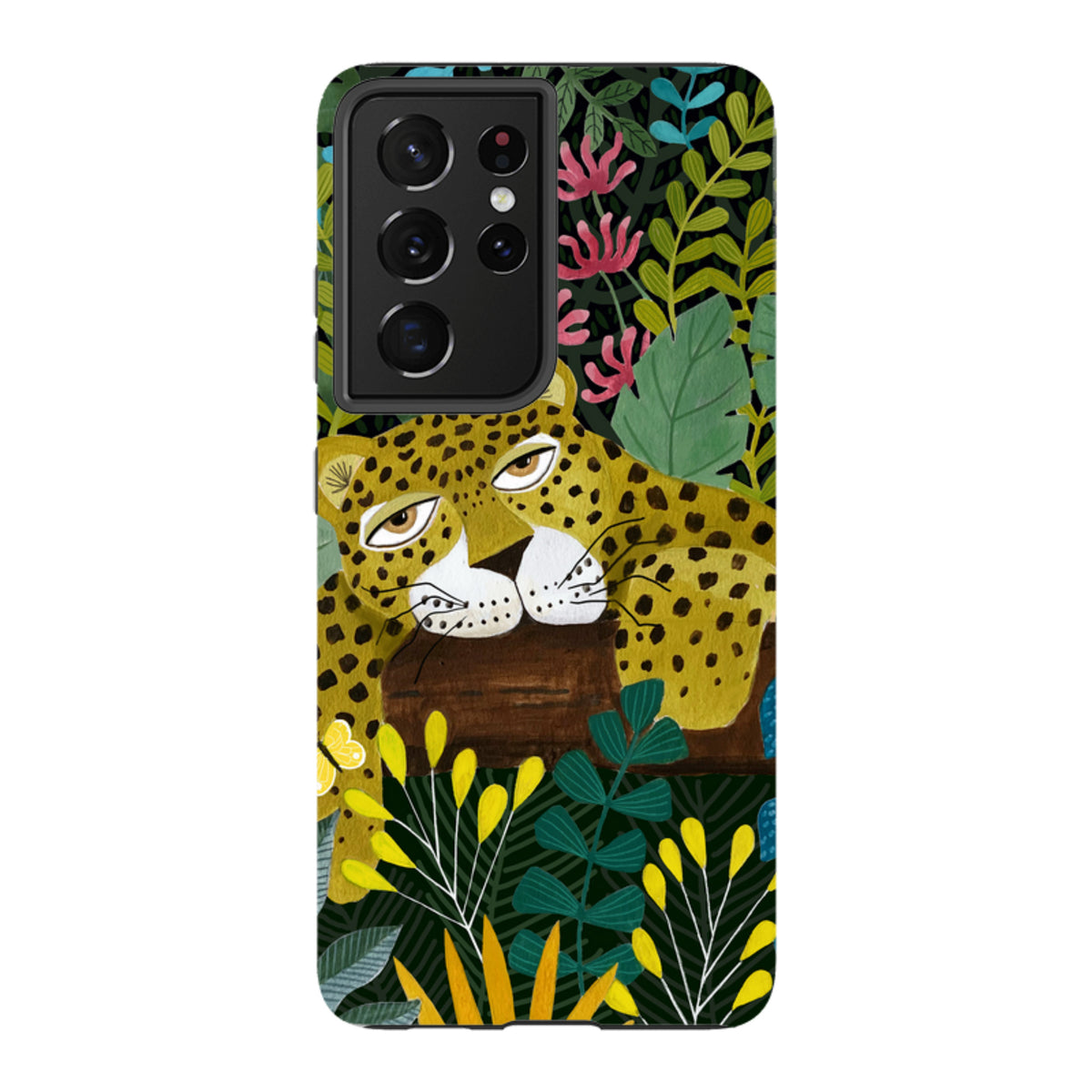 Samsung Galaxy tough case featuring a sleepy leopard illustration amidst colorful tropical foliage and plants.