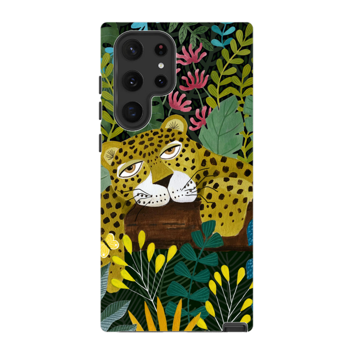Samsung dual-layer phone case featuring a sleepy leopard illustration surrounded by vibrant jungle foliage and flowers.