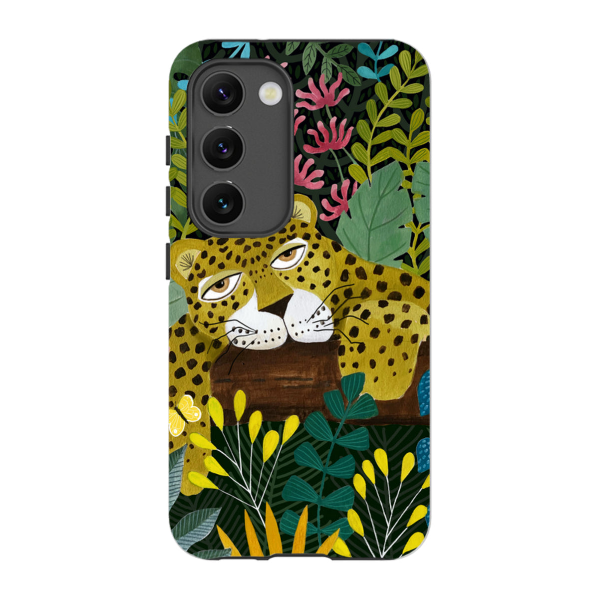 Samsung Tough Case featuring a sleepy leopard illustration by Bex Parkin amidst colorful jungle foliage and flowers.