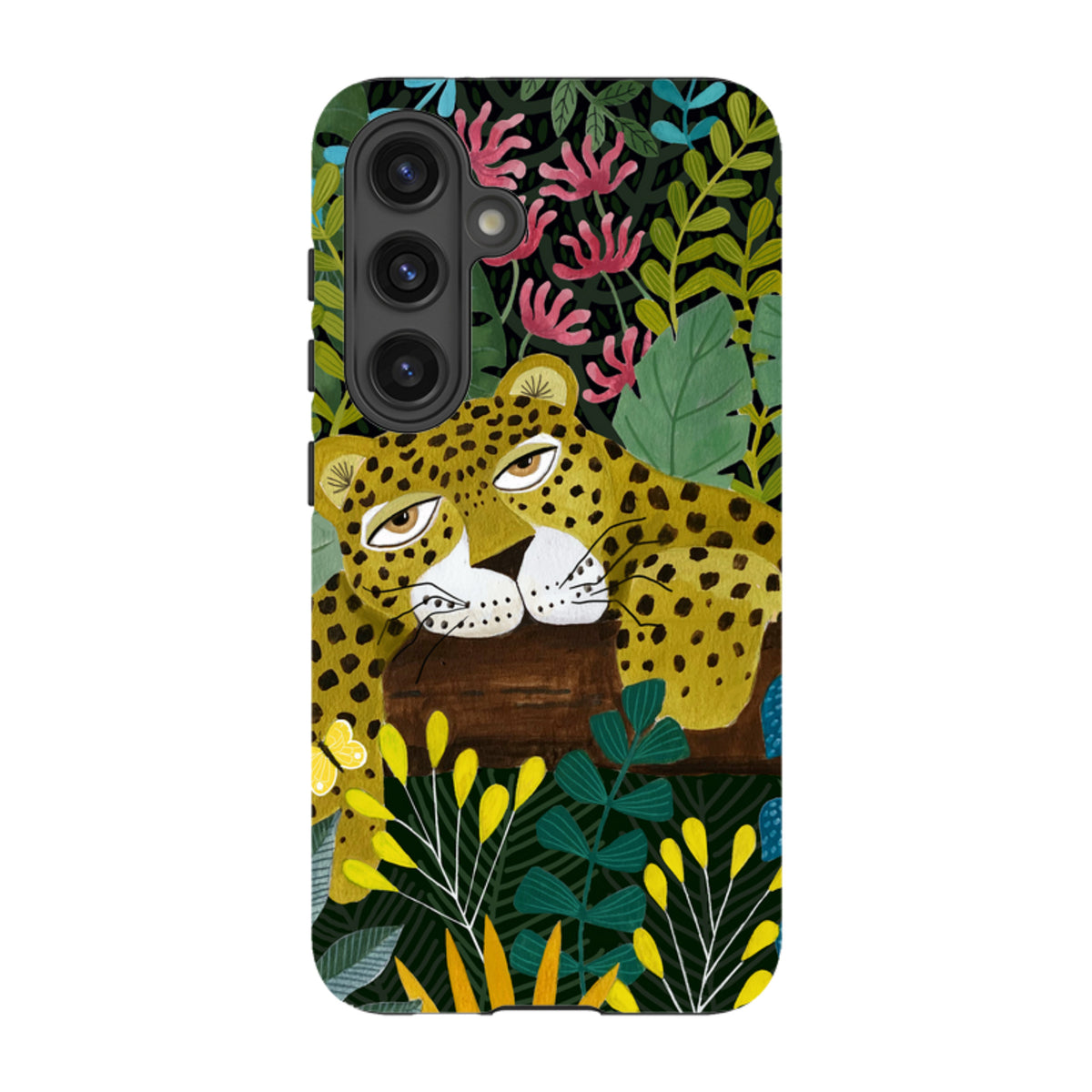 Samsung Tough Case featuring a sleepy leopard illustration by Bex Parkin, set against a vibrant tropical jungle background.