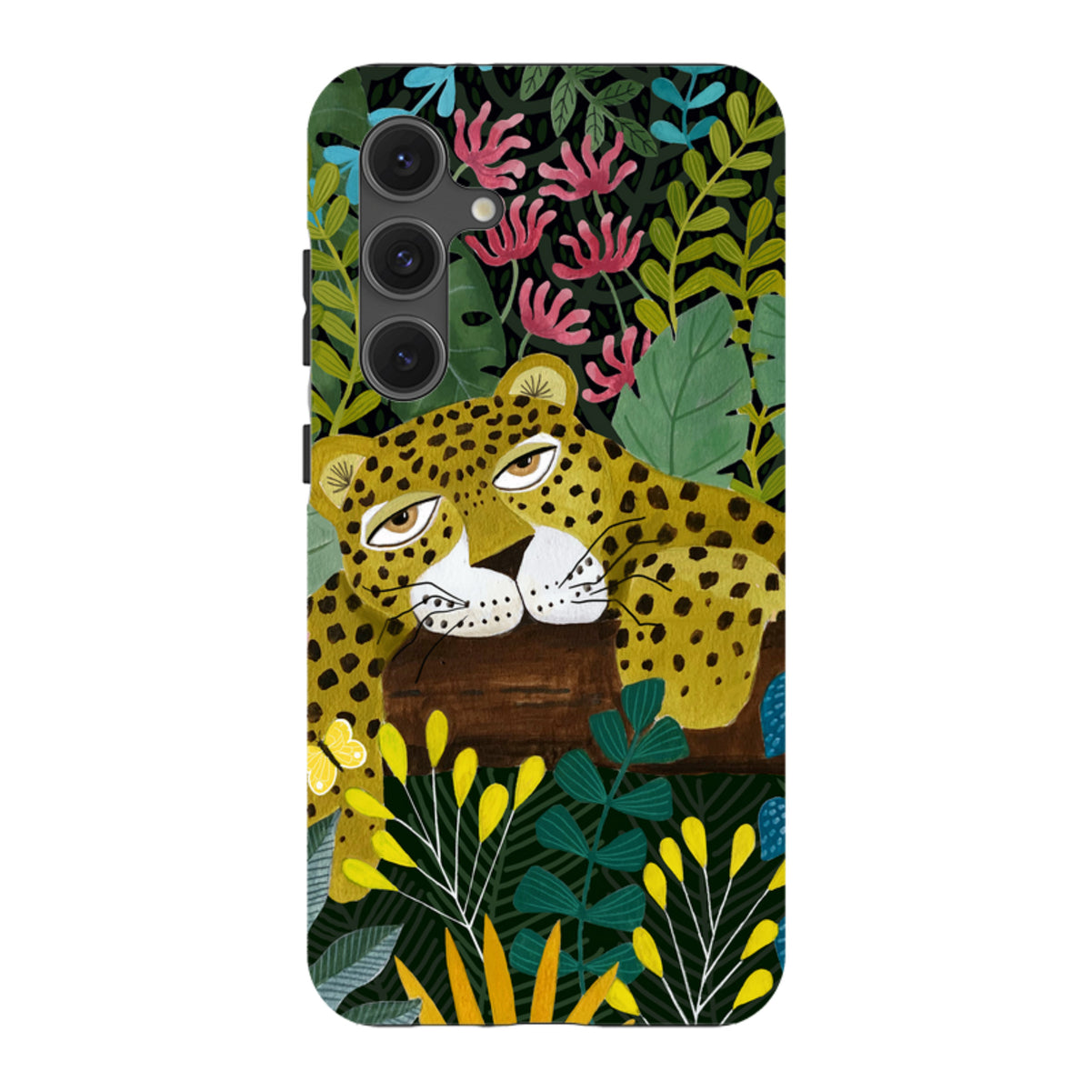 Samsung Tough Case featuring a sleepy leopard illustration by Bex Parkin amidst vibrant jungle foliage and flowers.