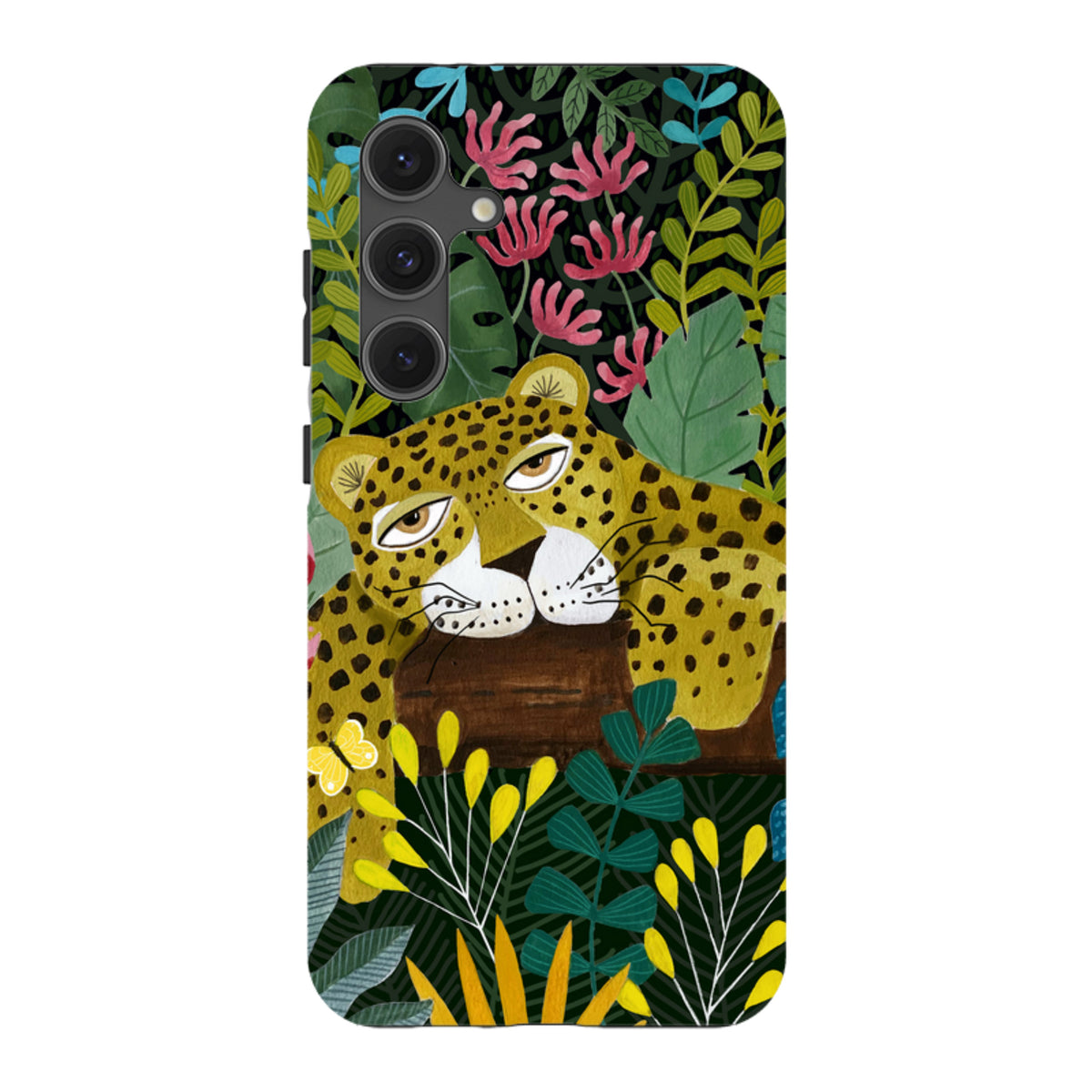 Samsung Tough Case featuring a sleepy leopard illustration amidst colorful jungle foliage and a triple-lens camera cutout.