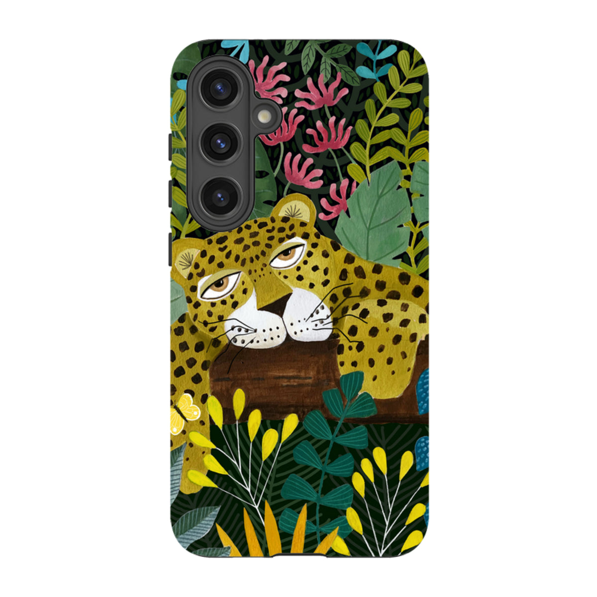 Samsung Tough Case featuring a sleepy leopard illustration amidst colorful jungle foliage and vibrant flowers.