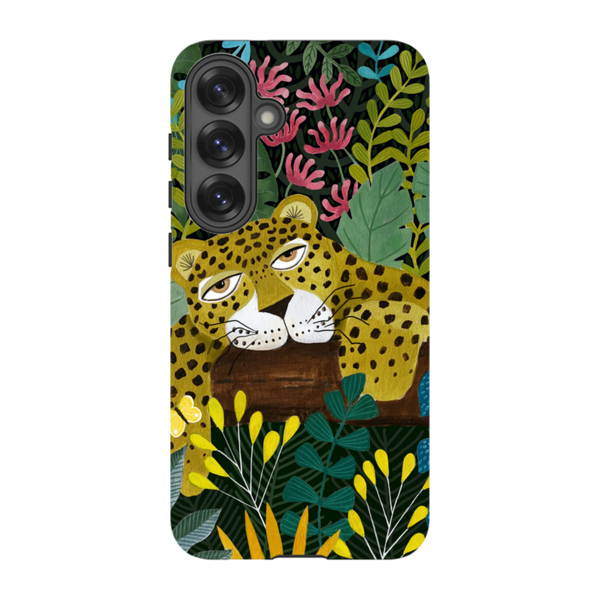 Samsung Tough Case featuring a sleepy leopard illustration amidst vibrant jungle foliage, leaves, and flowers.
