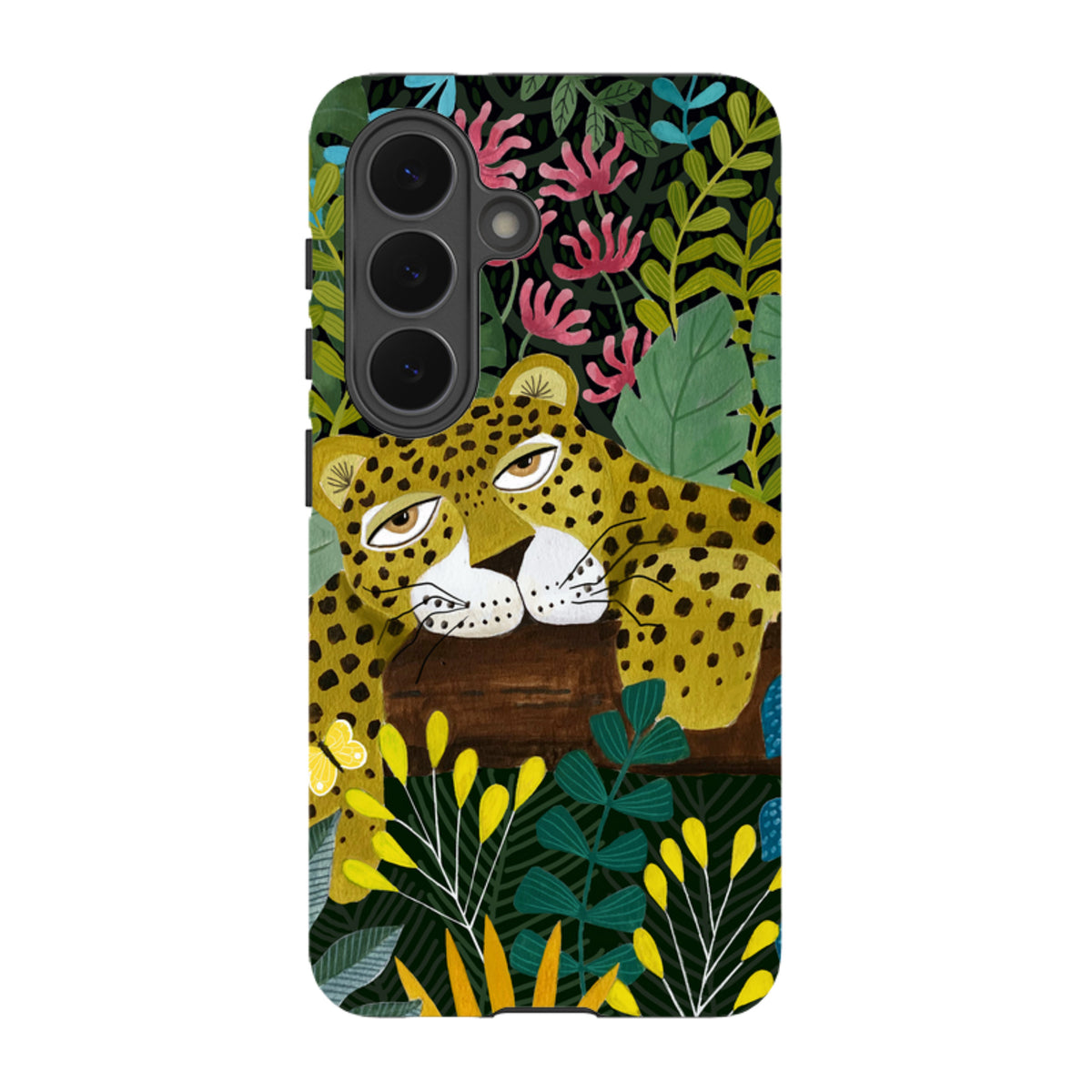 Samsung dual-layer phone case featuring a sleepy leopard illustration surrounded by vibrant tropical foliage and plants.