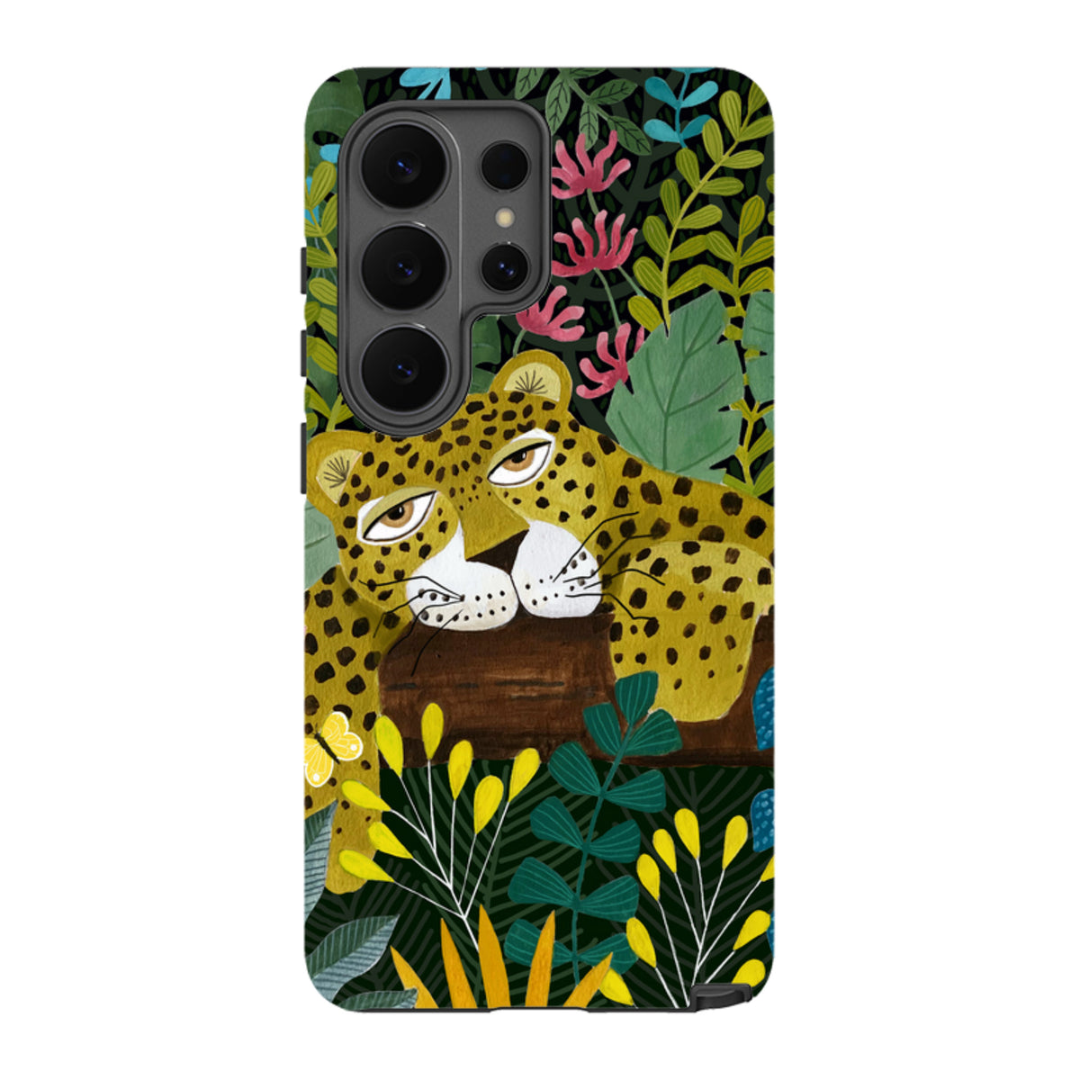 Samsung tough phone case featuring a sleepy leopard illustration amidst colorful tropical foliage and flowers.