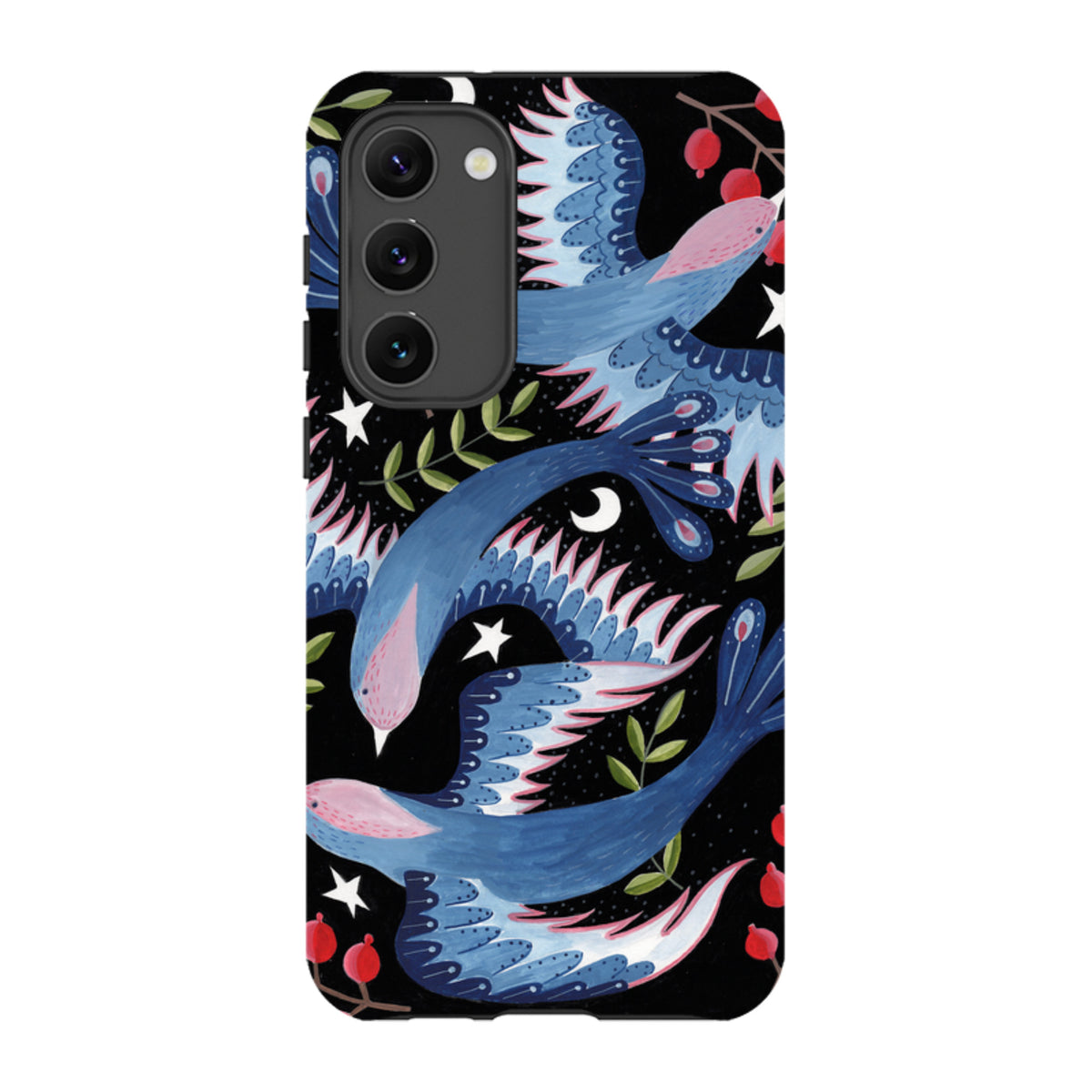 Samsung Tough Case featuring blue soaring birds, stars, and red berries on a black background with a triple-lens camera.