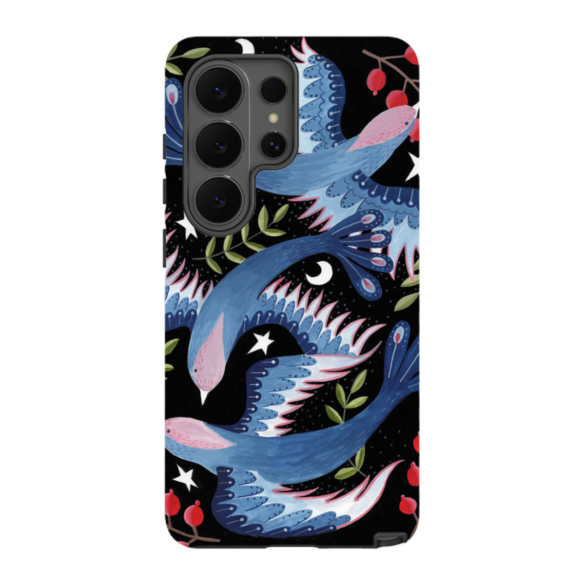 Samsung Tough Case featuring blue soaring birds, stars, and red berries on a black background for Galaxy devices.