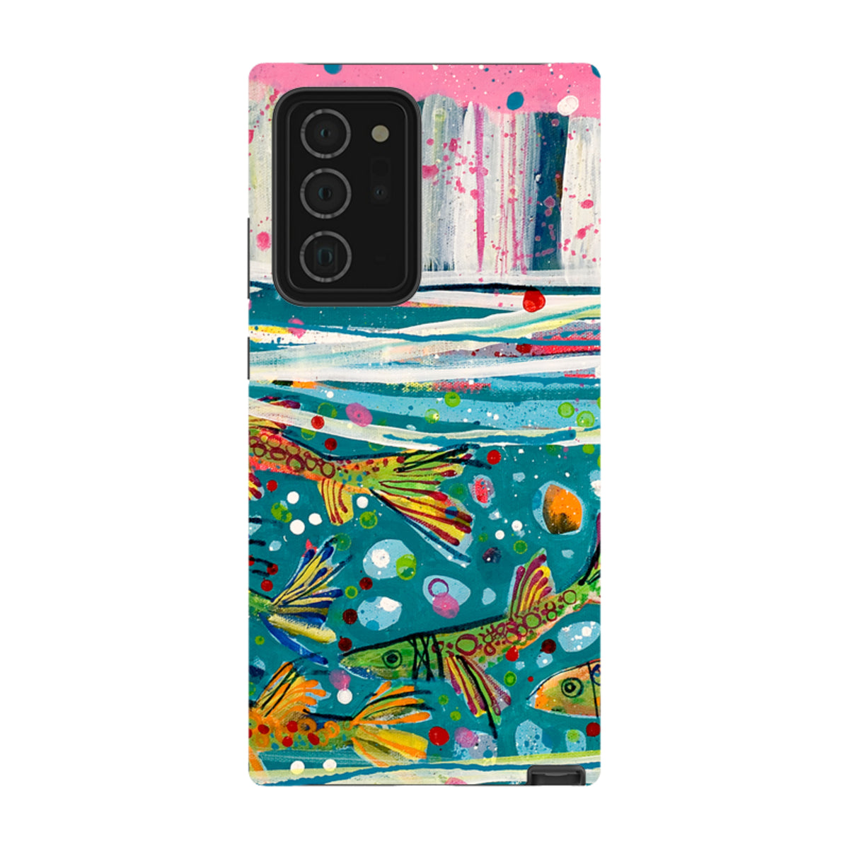 Samsung Tough Case featuring Claire West's colorful fish artwork with a dual-layer design and camera cut-out.