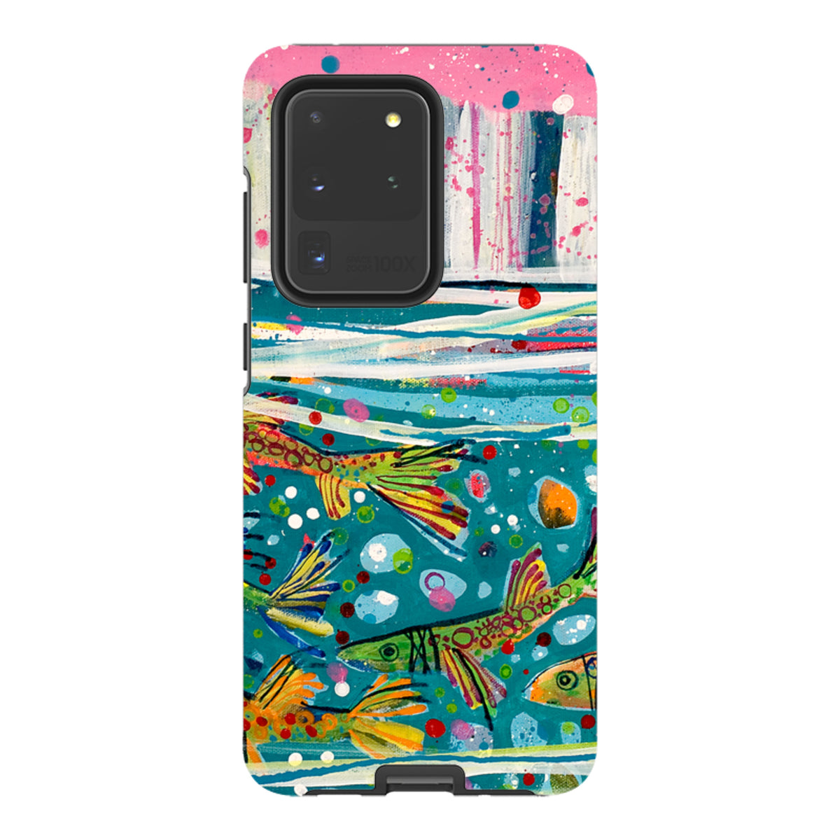 Samsung Tough Case featuring Claire West’s colorful fish artwork with a dual-layer design and protective camera cutout.