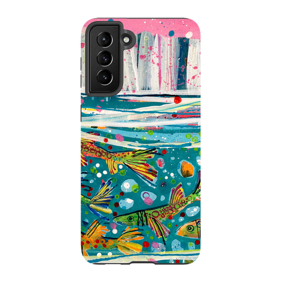 Samsung Tough Case featuring Claire West's colorful fish artwork on a teal background with dual-layer protection.