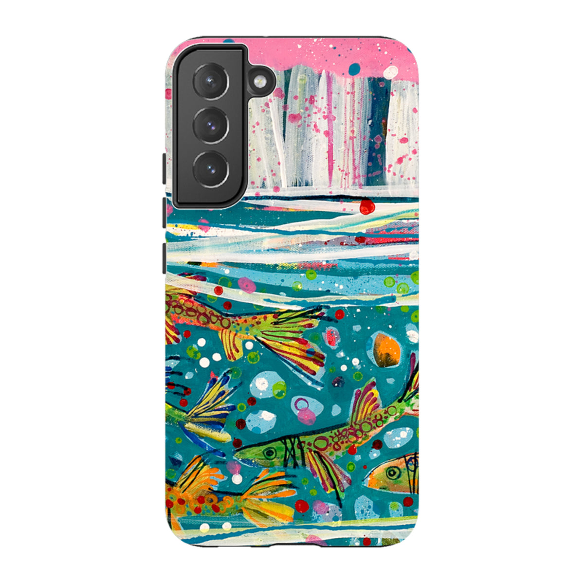 Samsung Tough Case featuring Claire West's colorful fish artwork on a teal background with dual-layer protective design.