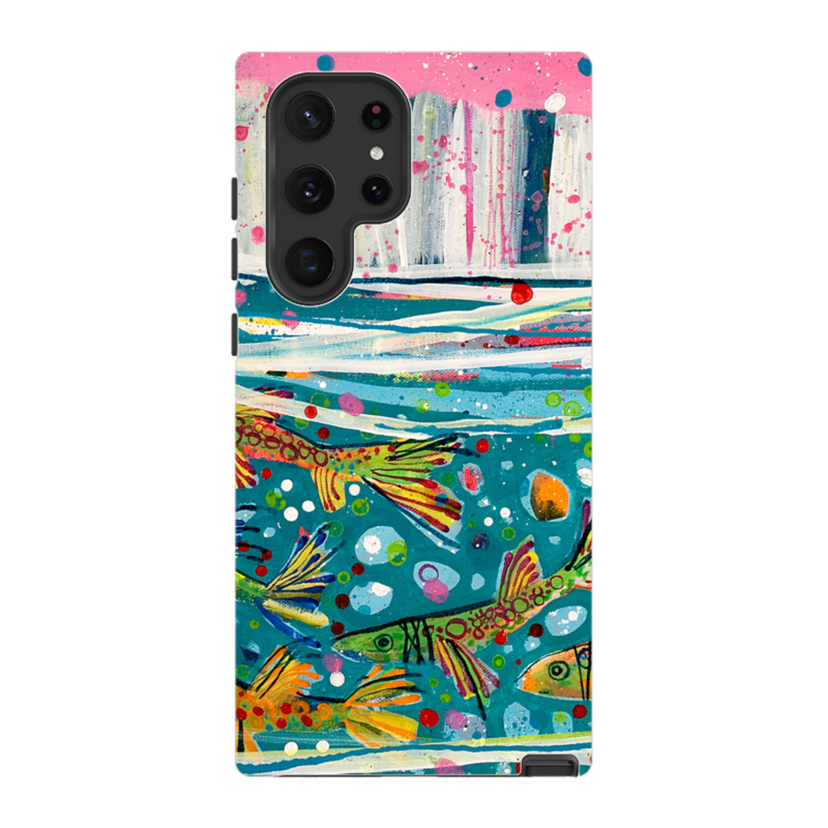 Samsung Tough Case featuring Claire West’s vibrant Something Fishy art with colorful fish on a teal background.