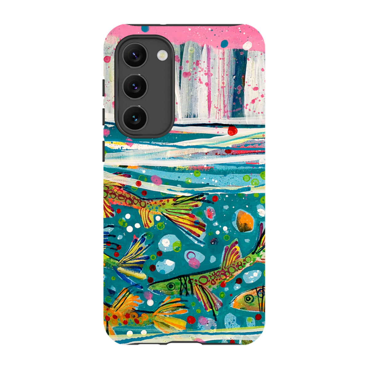 Samsung Tough Case featuring vibrant, abstract fish artwork by Claire West with a dual-layer design and camera cutout.