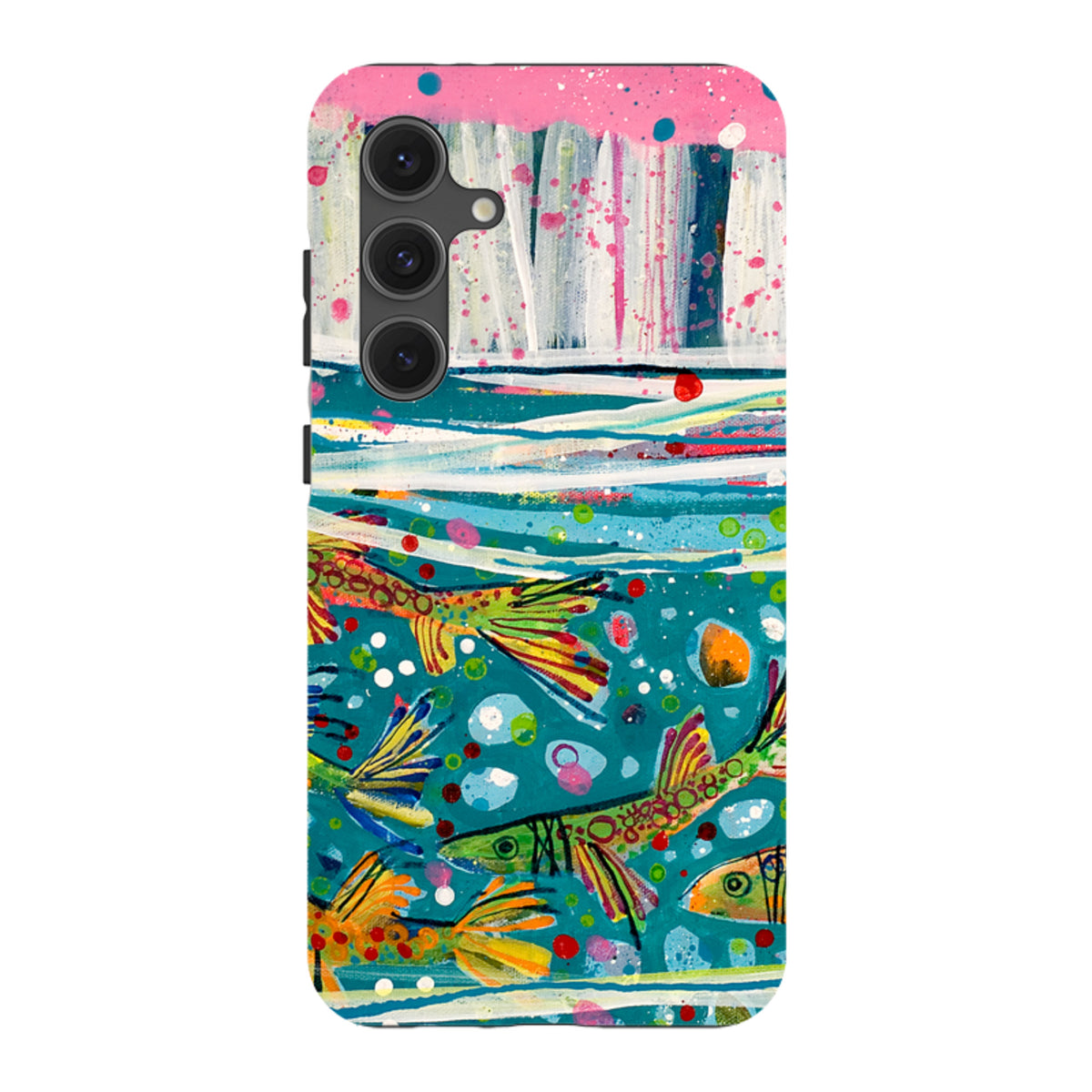 Samsung Tough Case featuring Claire West’s colorful fish artwork with a dual-layer design and protective camera cutouts.