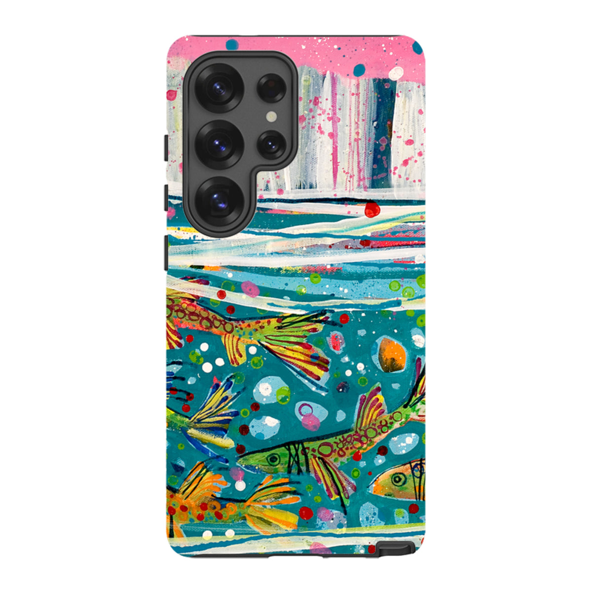 Samsung Tough Case featuring a vibrant, abstract fish artwork by Claire West with a dual-layer protective design.