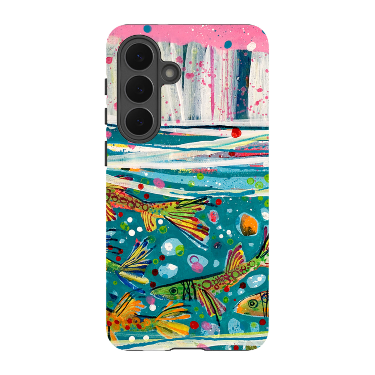 Samsung Tough Case featuring Claire West's vibrant fish artwork with a dual-layer design and protective camera cutout.
