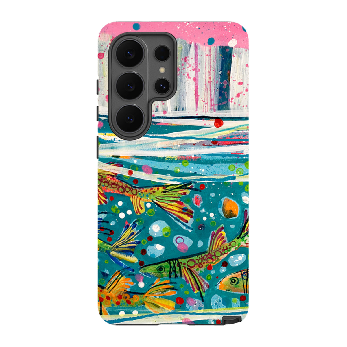 Samsung Tough Case featuring Claire West's Something Fishy art with vibrant, colorful fish on a teal background.