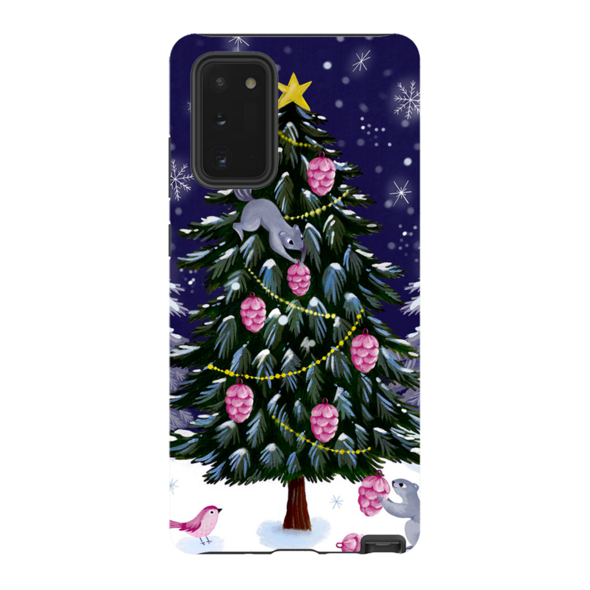 Samsung tough phone case featuring a festive Christmas tree, squirrels, and pink ornaments on a dark blue snowy background.