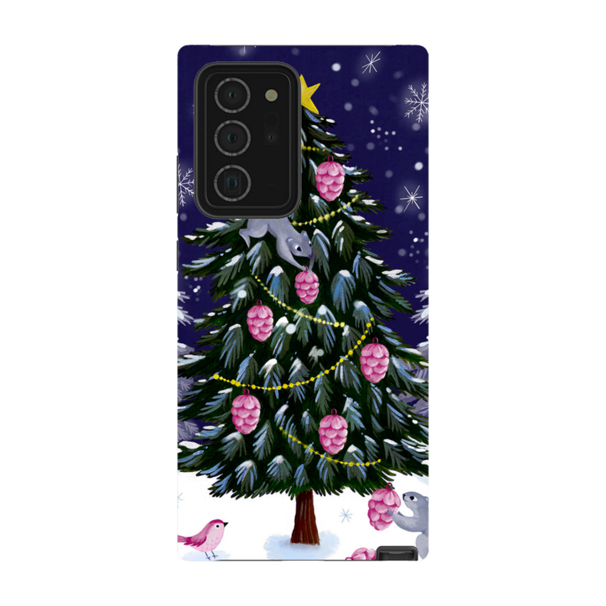 Samsung Tough Case featuring a festive squirrel and Christmas tree design with pink ornaments on a dark blue background.