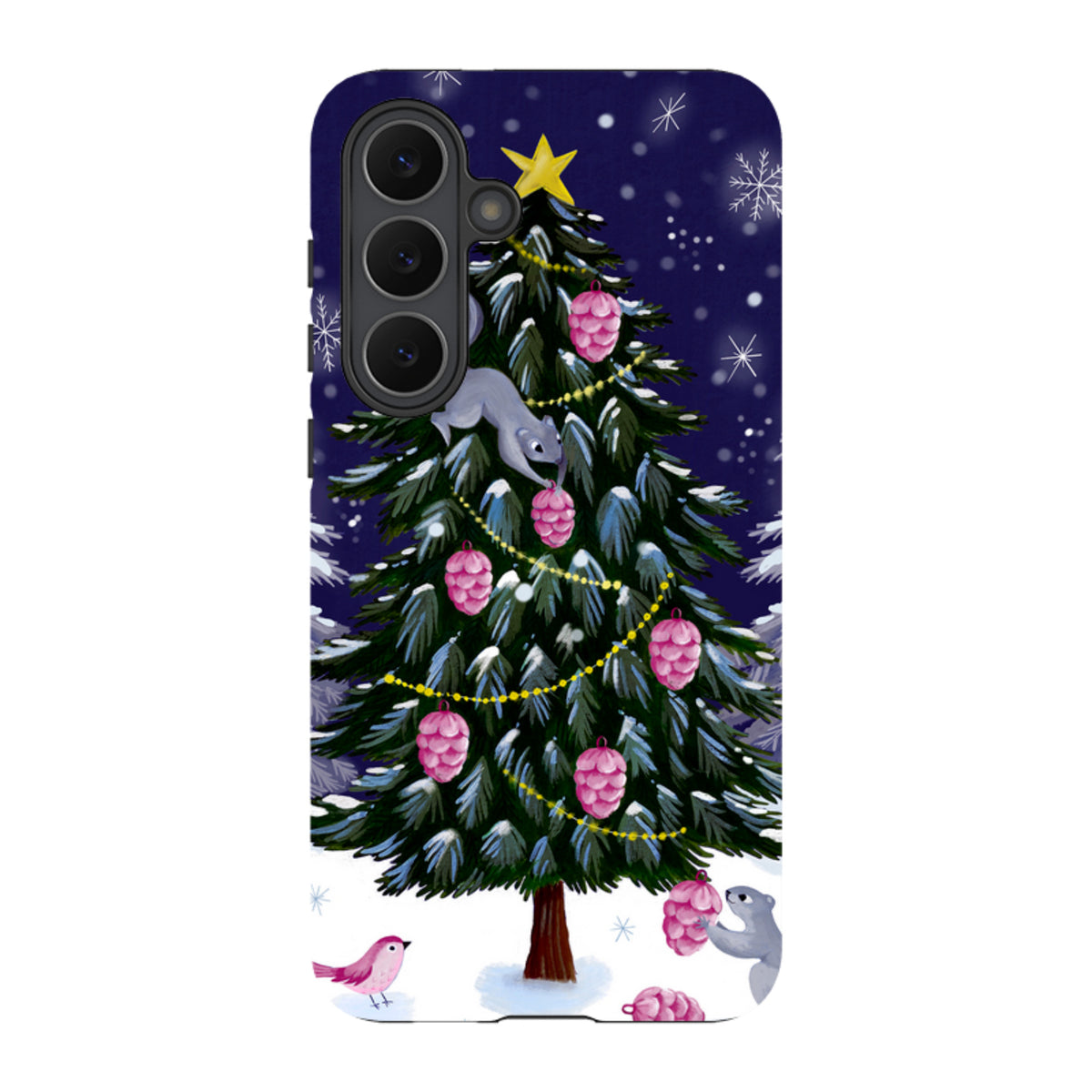 Samsung Tough Case featuring a festive squirrel and Christmas tree illustration on a dark blue snowy background.