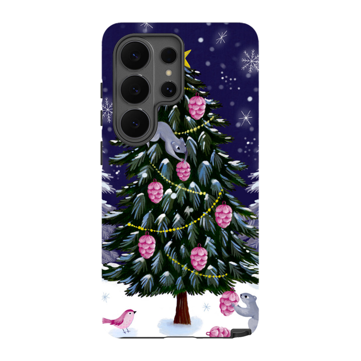 Samsung Galaxy tough case featuring a festive squirrel and Christmas tree illustration with pink ornaments on navy.