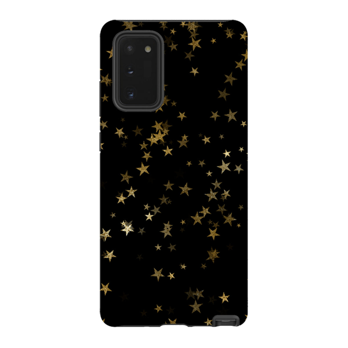 Samsung Tough Case with a black background and gold starry night pattern, featuring a dual-layer design and camera cutout.