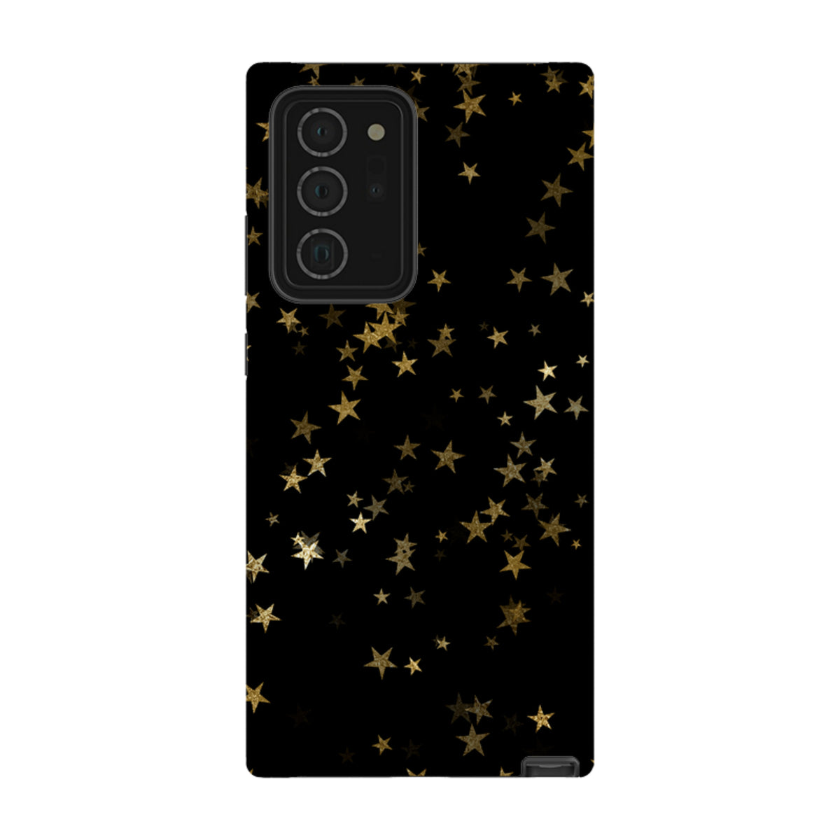 Samsung Galaxy tough case featuring a black background with a gold starry night design and dual-layer protection.