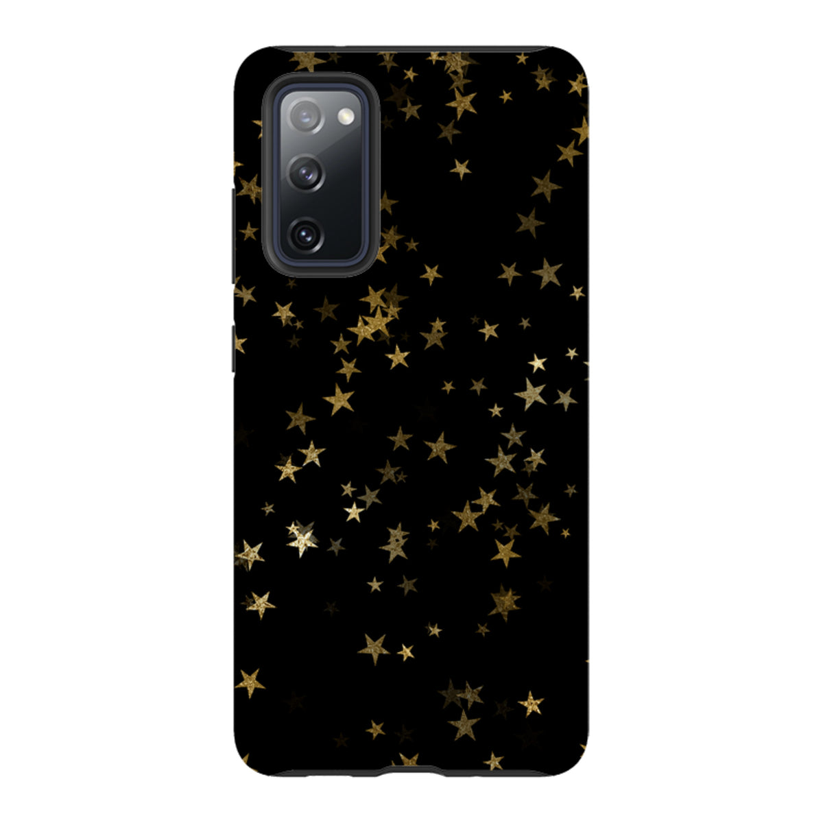 Samsung Galaxy tough case featuring a black background with a gold starry night pattern and dual-layer protection.