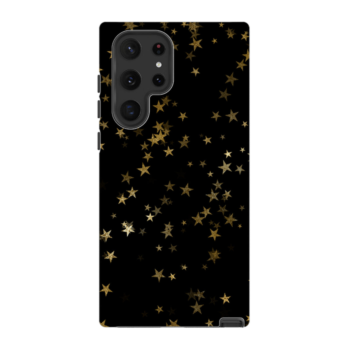 Samsung Galaxy tough case featuring a black background with a shimmering gold starry night pattern and camera cutouts.