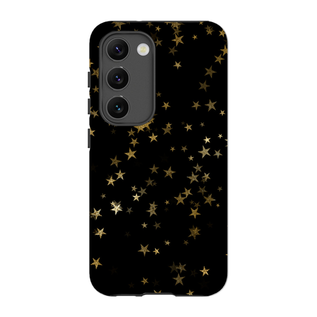 Samsung Tough Case featuring a black background with a gold starry night pattern and a protective triple-lens camera cutout.