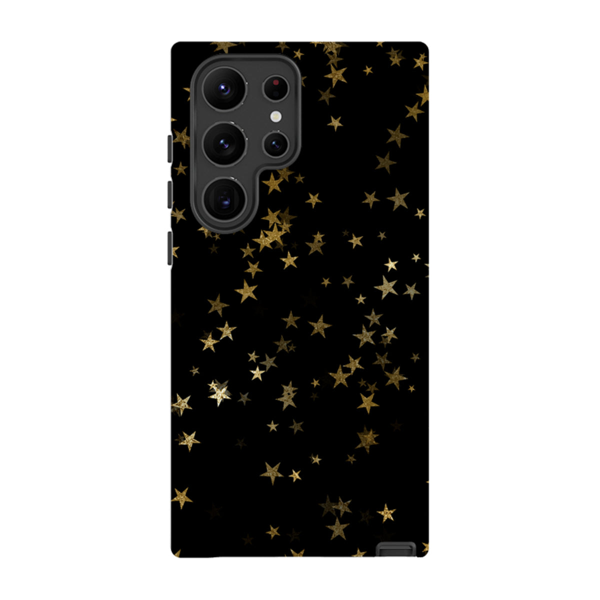 Samsung Galaxy tough case featuring a black background with a gold starry night design and dual-layer protection.