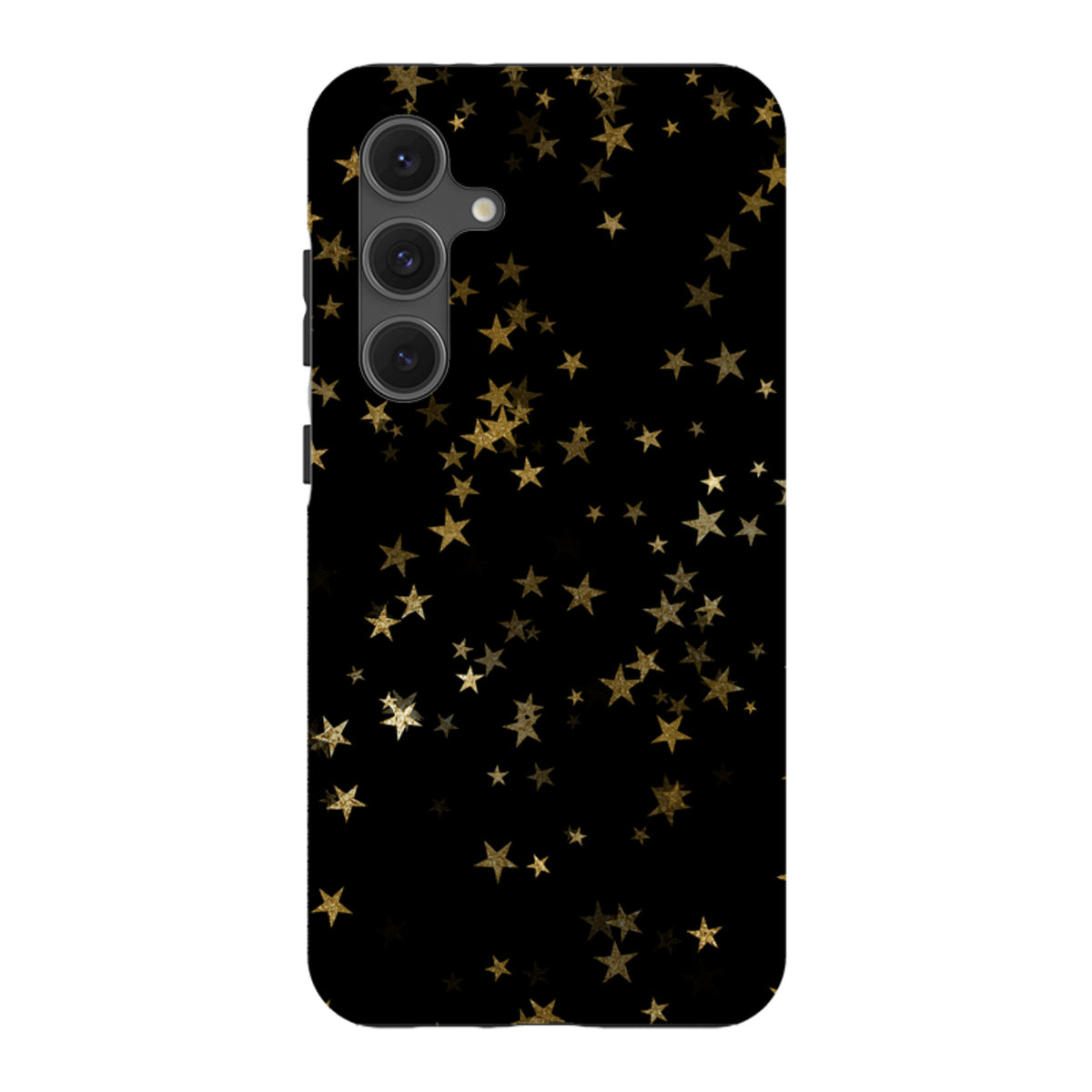 Samsung Galaxy tough case featuring a black background with a gold starry night pattern and durable dual-layer protection.