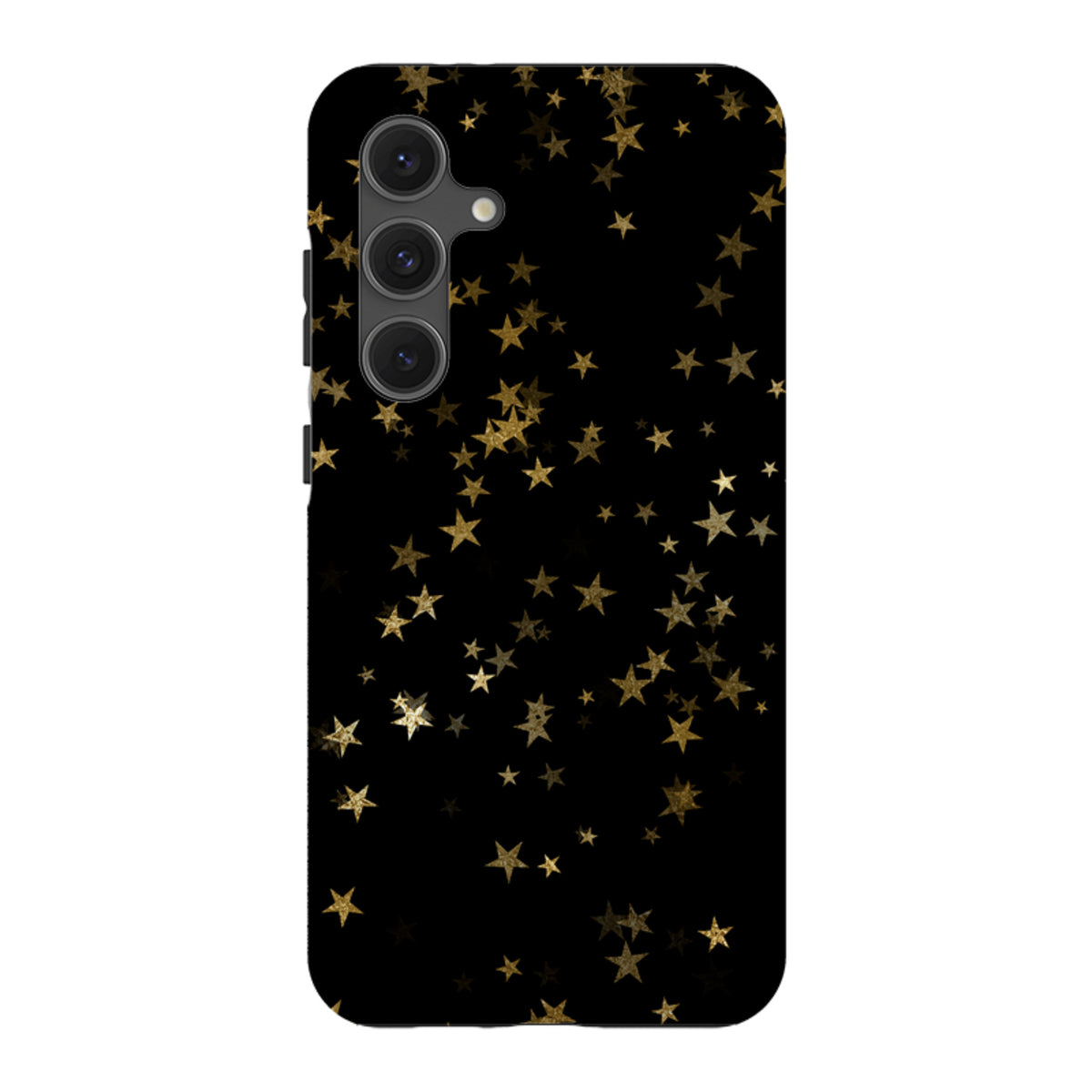 Samsung Galaxy tough case featuring a black background with a gold starry night pattern and triple camera cut-out.