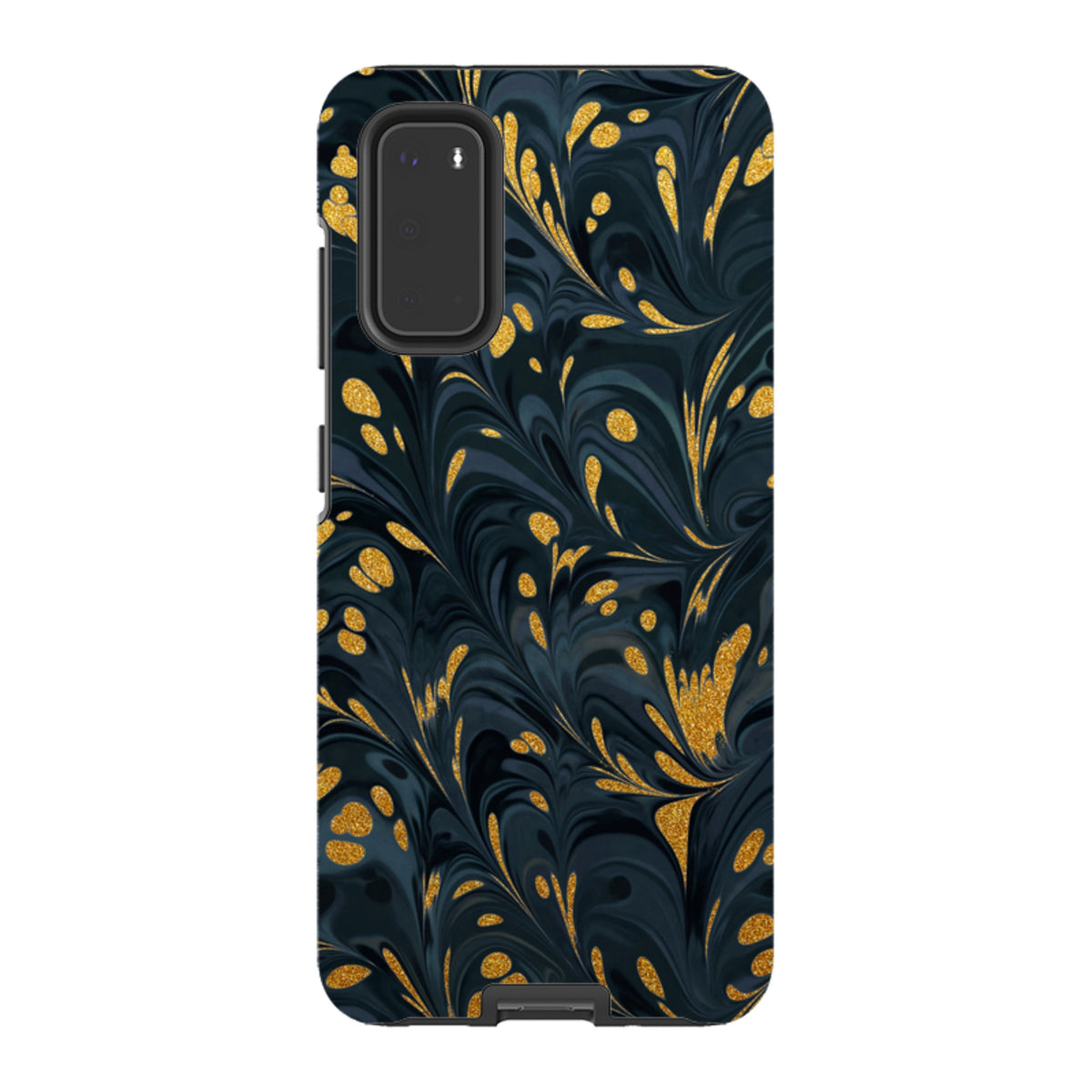Samsung Tough Case in Stormy design featuring a dark navy marble pattern with shimmering gold accents and dual-layer protection.