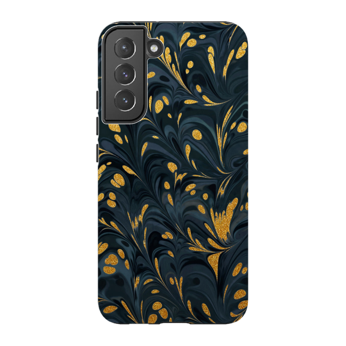 Samsung Galaxy tough case featuring a dark navy and black marble swirl pattern with shimmering gold accents.