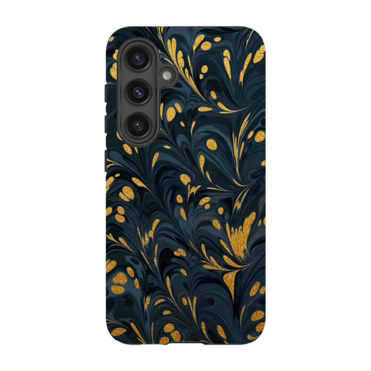 Samsung Tough Case in Stormy design featuring a dark blue marble pattern with shimmering gold accents for Galaxy phones.