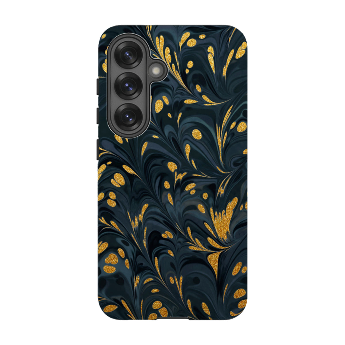 Samsung Tough Case in Stormy design featuring a dark blue marble pattern with gold glitter accents for Galaxy phones.