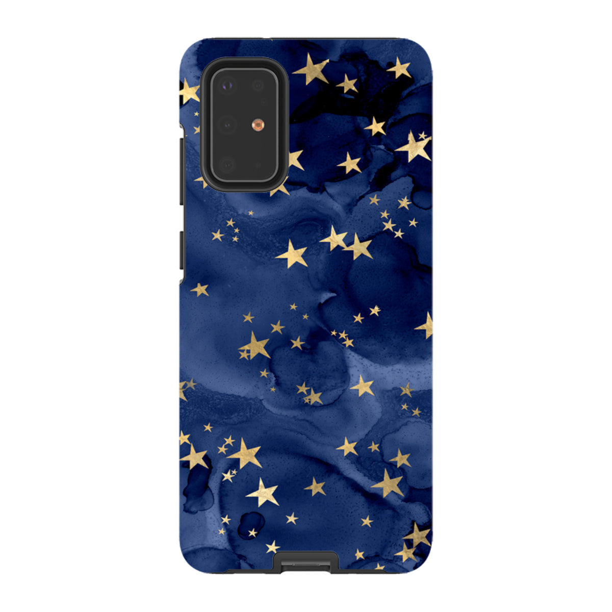 Samsung Tough Case featuring a navy blue watercolor background with gold star patterns and a protective camera cutout.