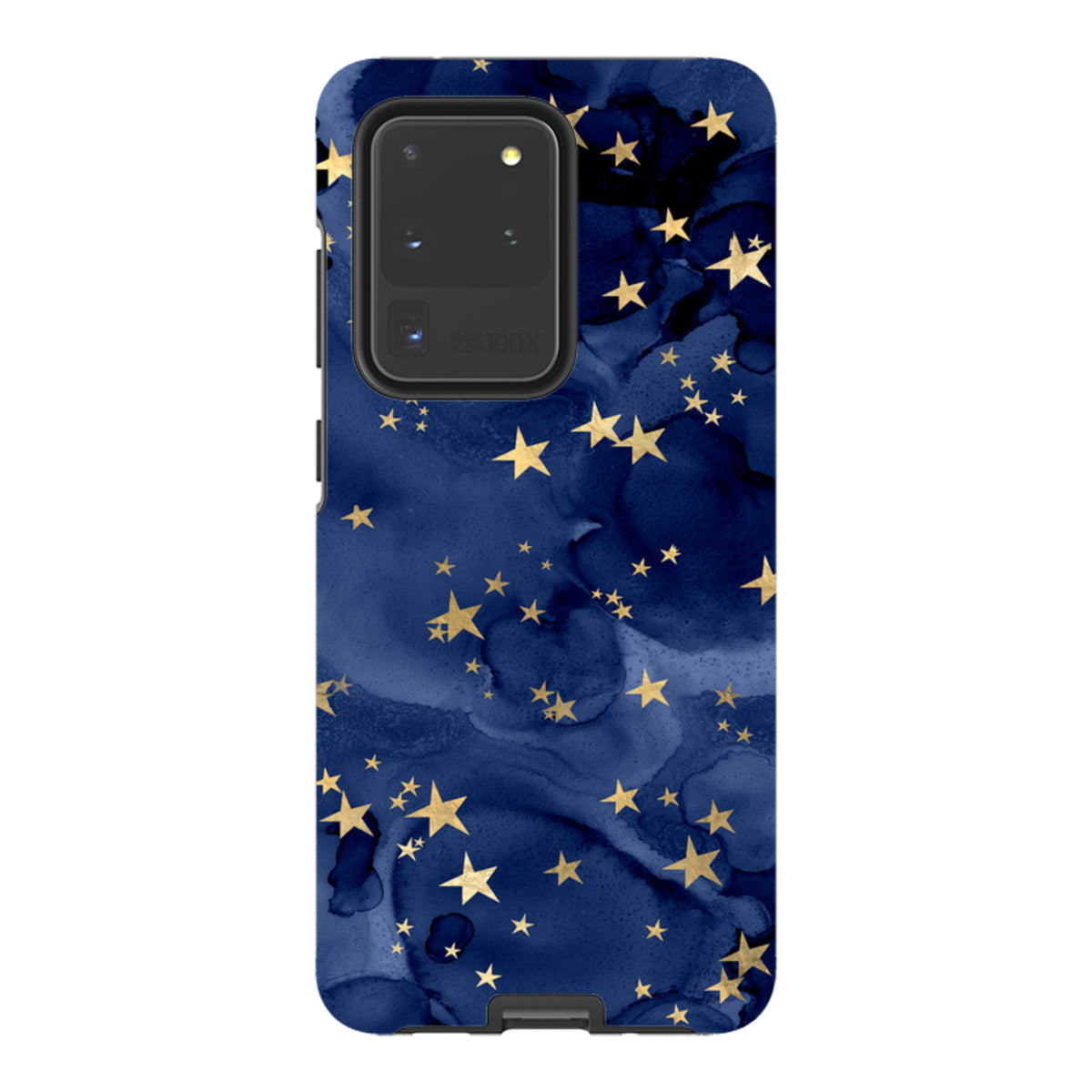 Samsung Tough Case with a deep blue watercolor background and gold star pattern for Galaxy phone protection.