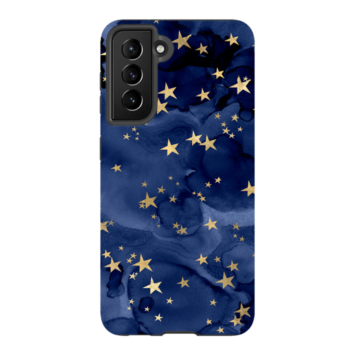 Samsung Tough Case featuring a navy blue watercolor background with gold star patterns and a protective camera cutout.