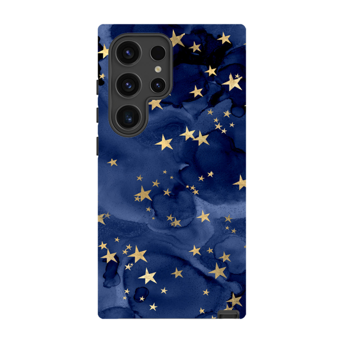 Samsung Galaxy tough case featuring a navy blue watercolor background with gold star accents and a protective camera cutout.