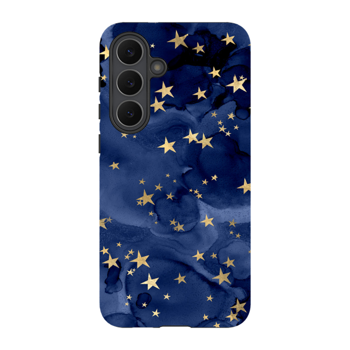 Samsung Tough Case featuring a dark blue watercolor background with gold star patterns and a durable dual-layer design.