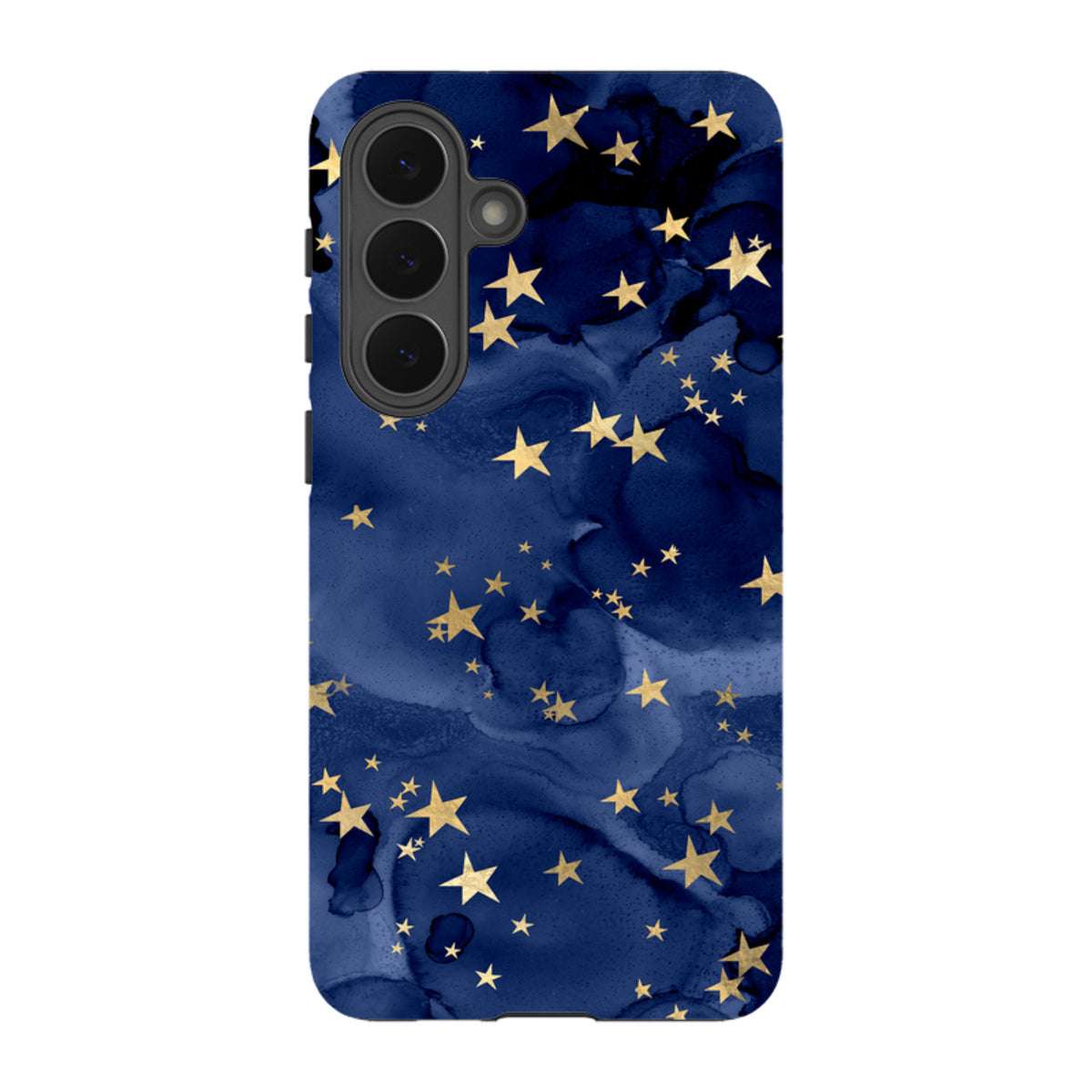 Samsung Galaxy tough case featuring a navy blue marble background with gold star patterns and a protective camera cutout.