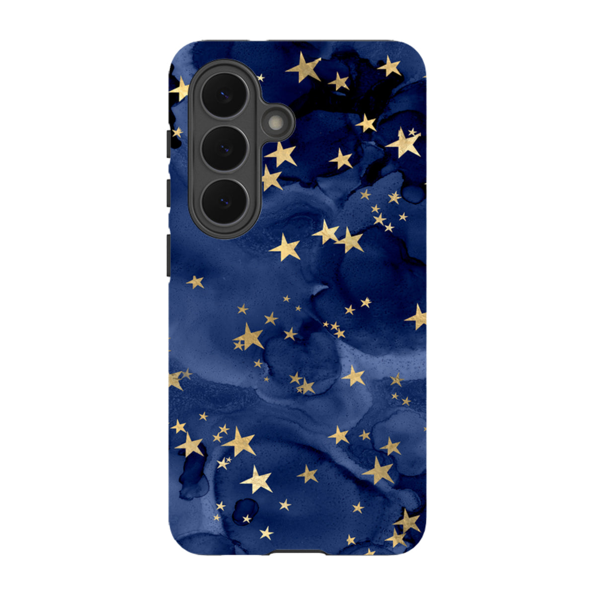 Samsung Tough Case featuring a navy blue watercolor background with gold star patterns and a protective camera cutout.
