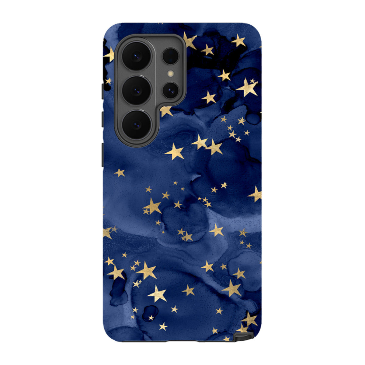 Samsung Galaxy tough case featuring a deep blue marble background with scattered gold stars and a protective camera cutout.