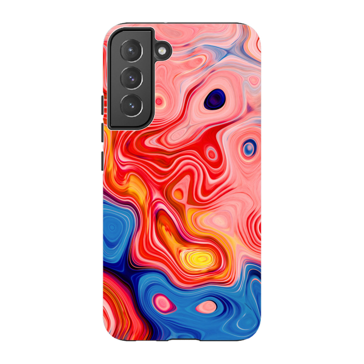 Samsung Tough Case featuring a vibrant, swirling strawberry-red and blue liquid marble design with dual-layer protection.