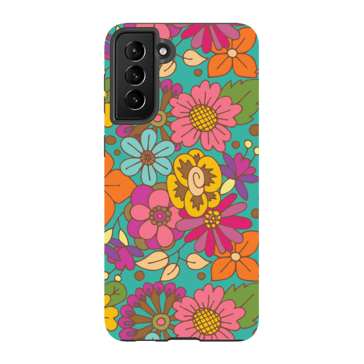 Samsung Tough Case with a vibrant, colorful floral pattern on a teal background and a durable dual-layer design.