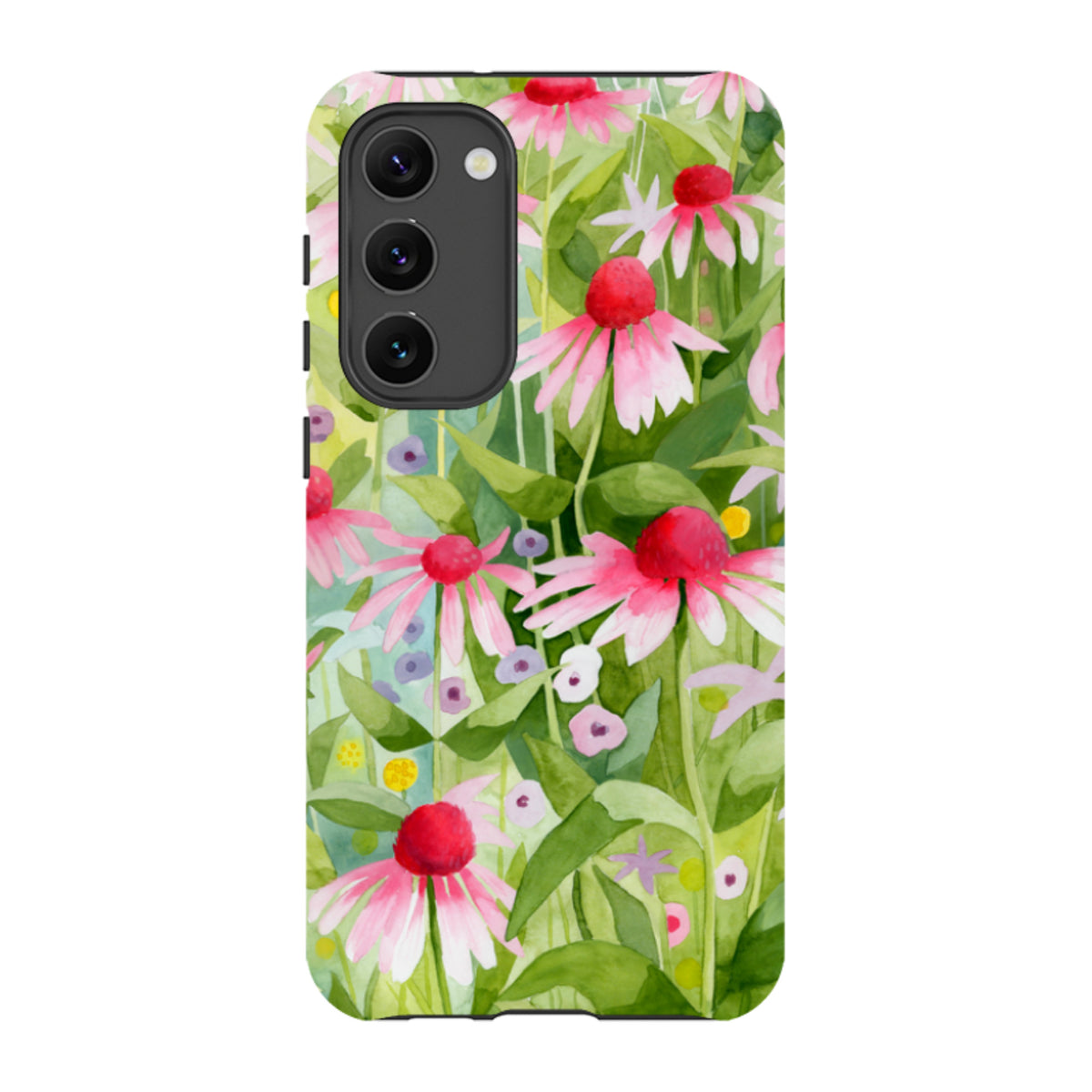 Samsung Galaxy tough case featuring a vibrant watercolor floral print of pink echinacea flowers and green foliage.