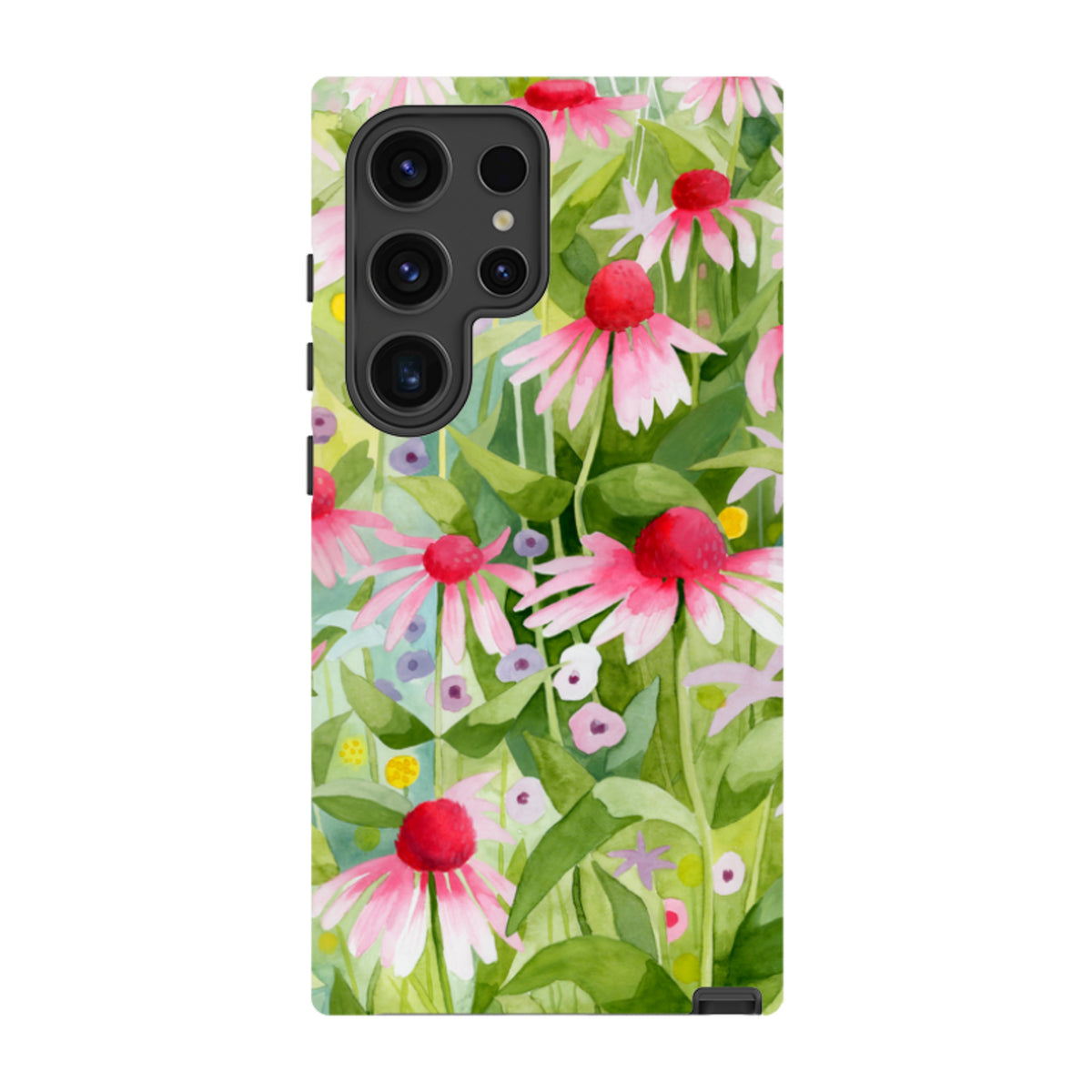 Samsung Tough Case featuring a vibrant watercolor floral print of pink echinacea flowers on a green background.